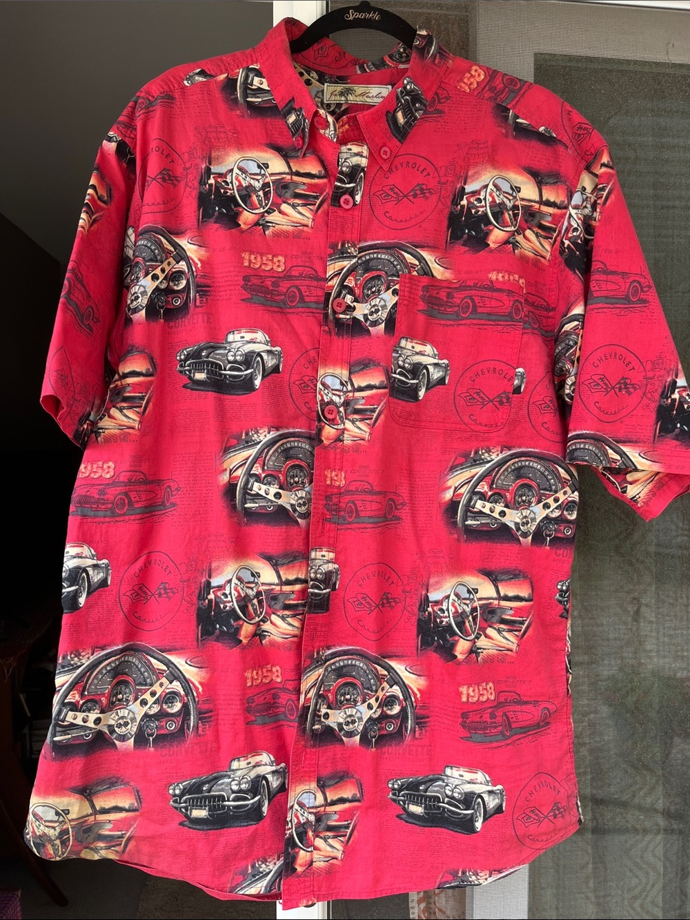 Joe Marlin Red 1958 Corvette Chevy Design Vintage Car Button Down XXL